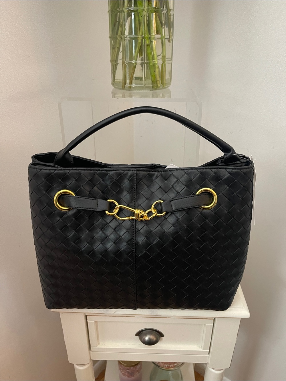 Time & Tru Woven Black Leather Tote with Gold Hardware